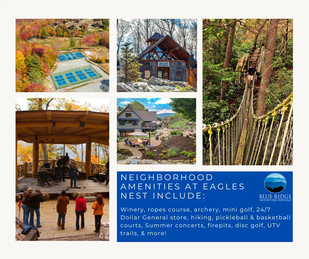 A lively scene encompassing a ropes course, mini golf area, concert stage, residential cabins, and nature trails, set within a communal resort environment. The image depicts guests participating in live music events, sports, and family-friendly activities, with summer concerts under the stars and landscaped gardens in view.